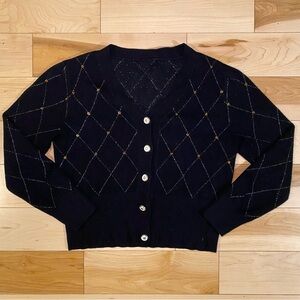 Black Cardigan Argyle Knit Button Old Money
